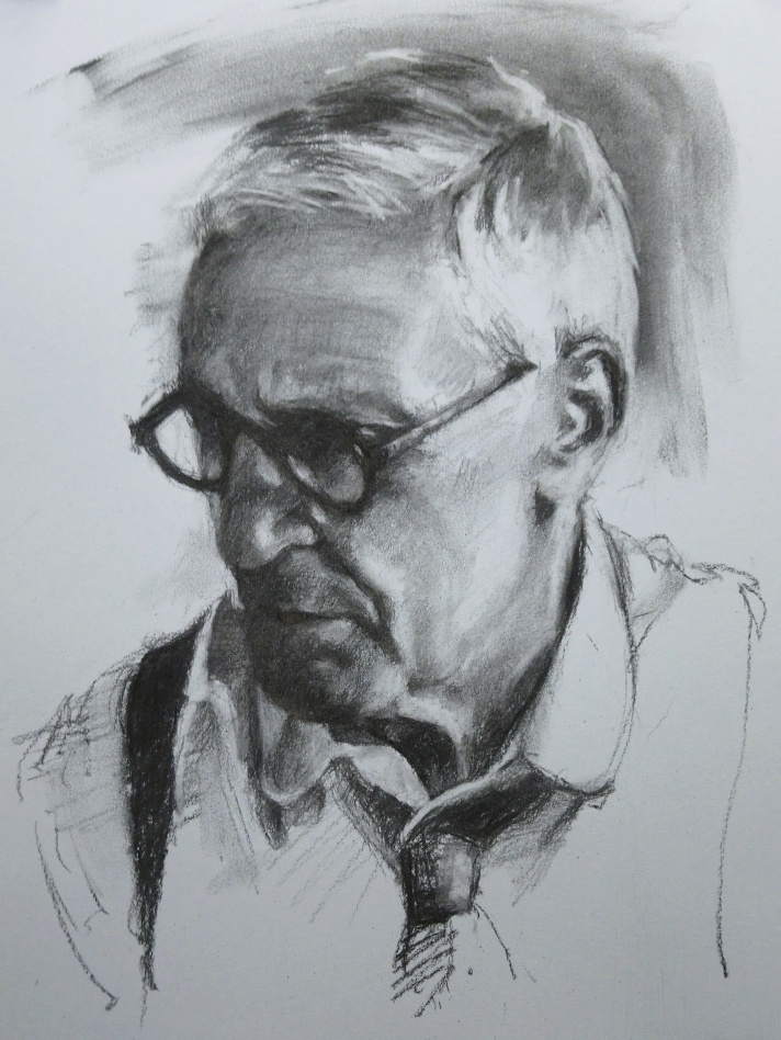 Charcoal drawing of a man with white hair and glasses – Demonstration
